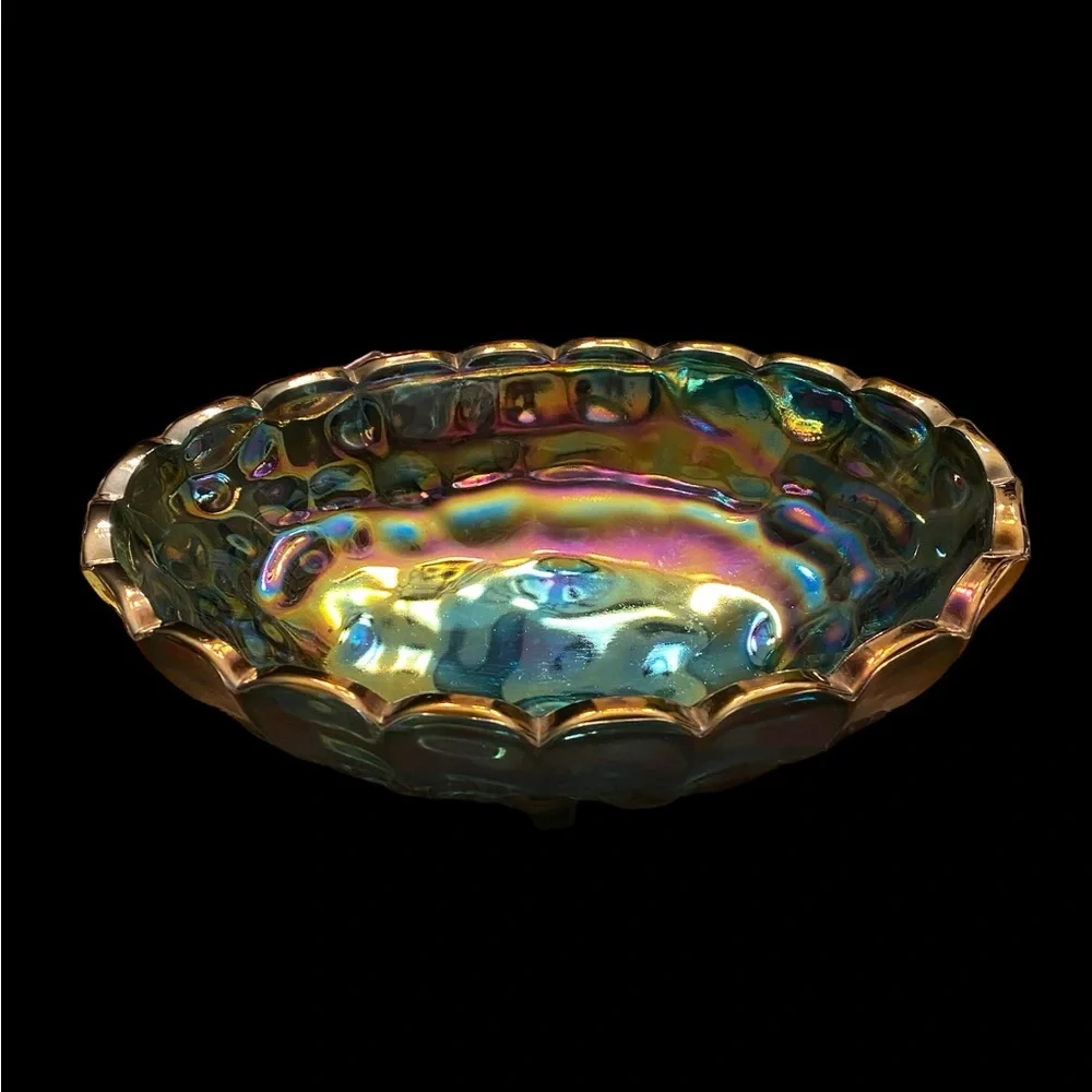 Vintage Indiana Glass Blue Carnival Glass Harvest Grape Footed Oval Bowl